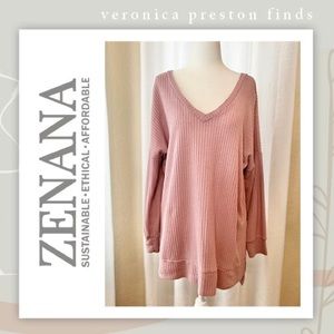 Zenana Outfitters Mauve Oversized Waffle Knit V-Neck High Low Tunic